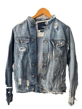 Zara Light Blue Paint Splatter Distressed Denim Jacket Mens Size Small